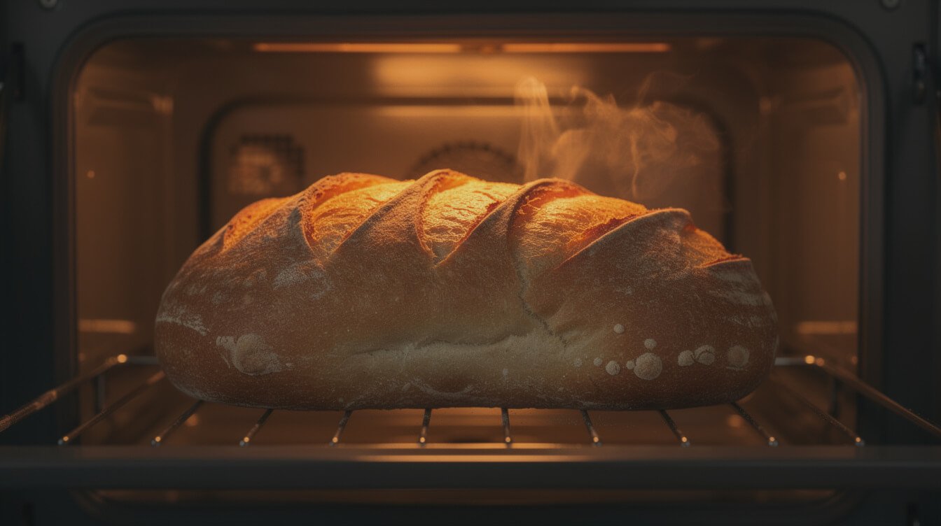 italian bread loaf baking with visible oven steam for a crackly crust