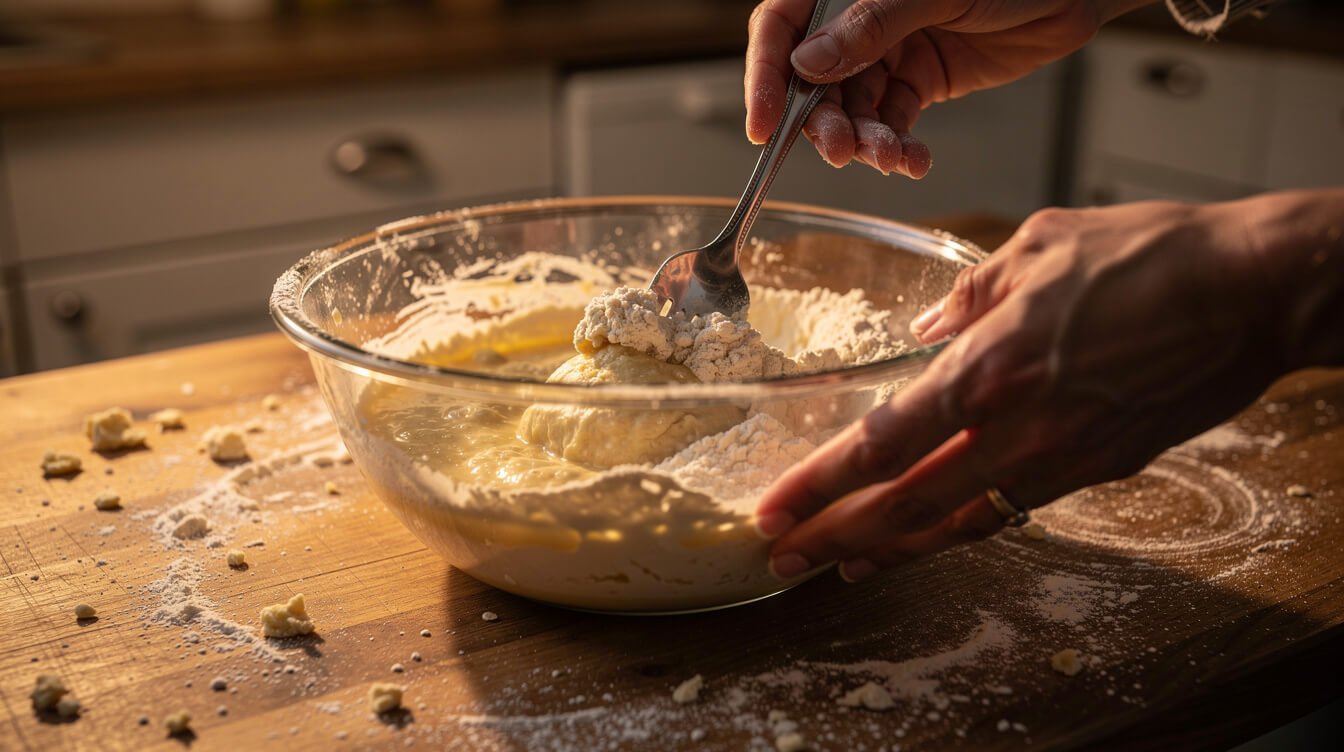 mixing no-yeast pizza dough by hand