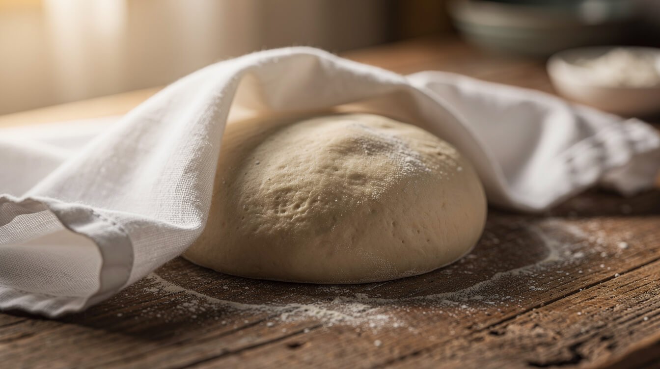 no-yeast pizza dough resting under a towel