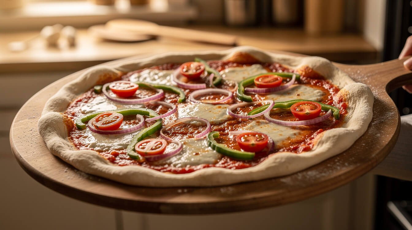 topped pizza crust ready for the oven