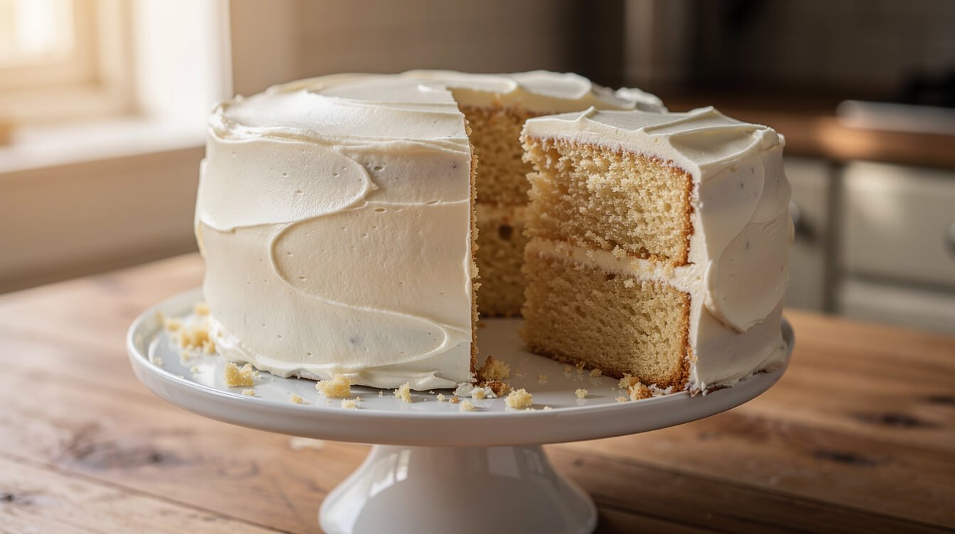 finished frosted vanilla layer cake with a slice cut