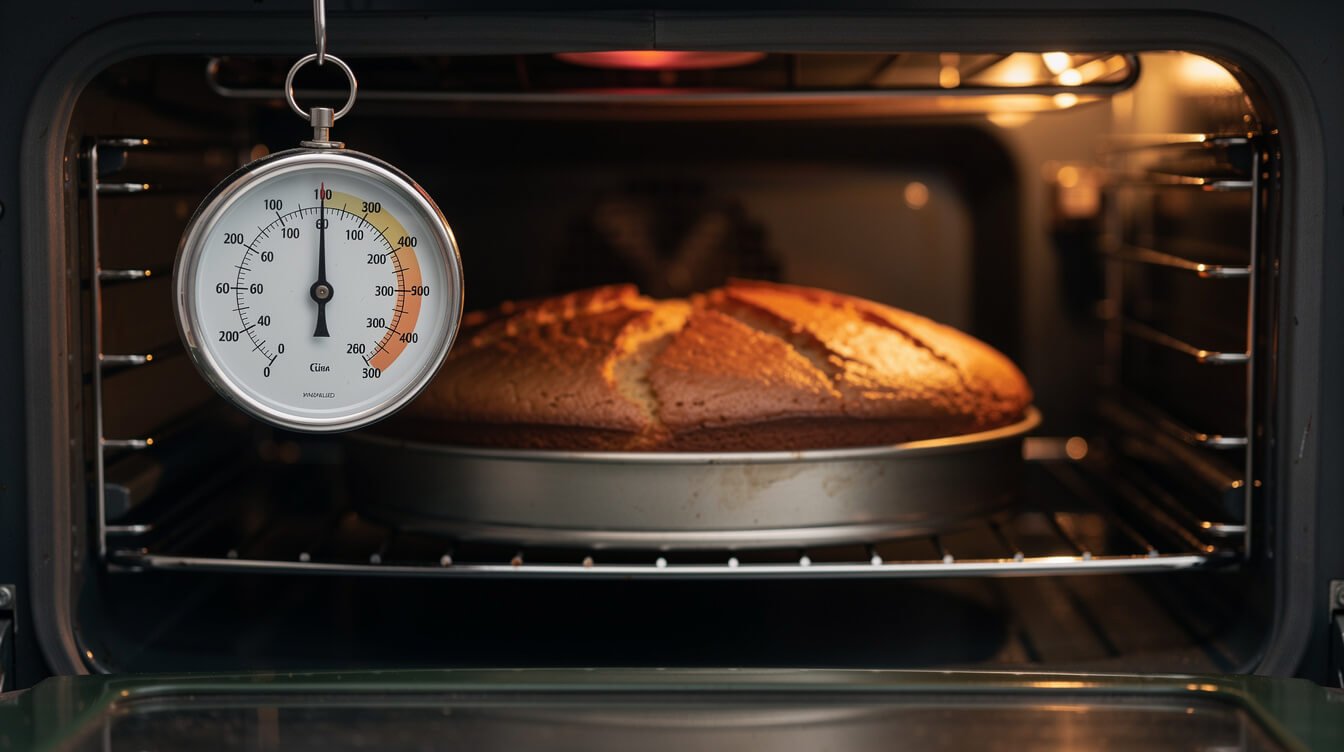 oven thermometer next to a baking cake