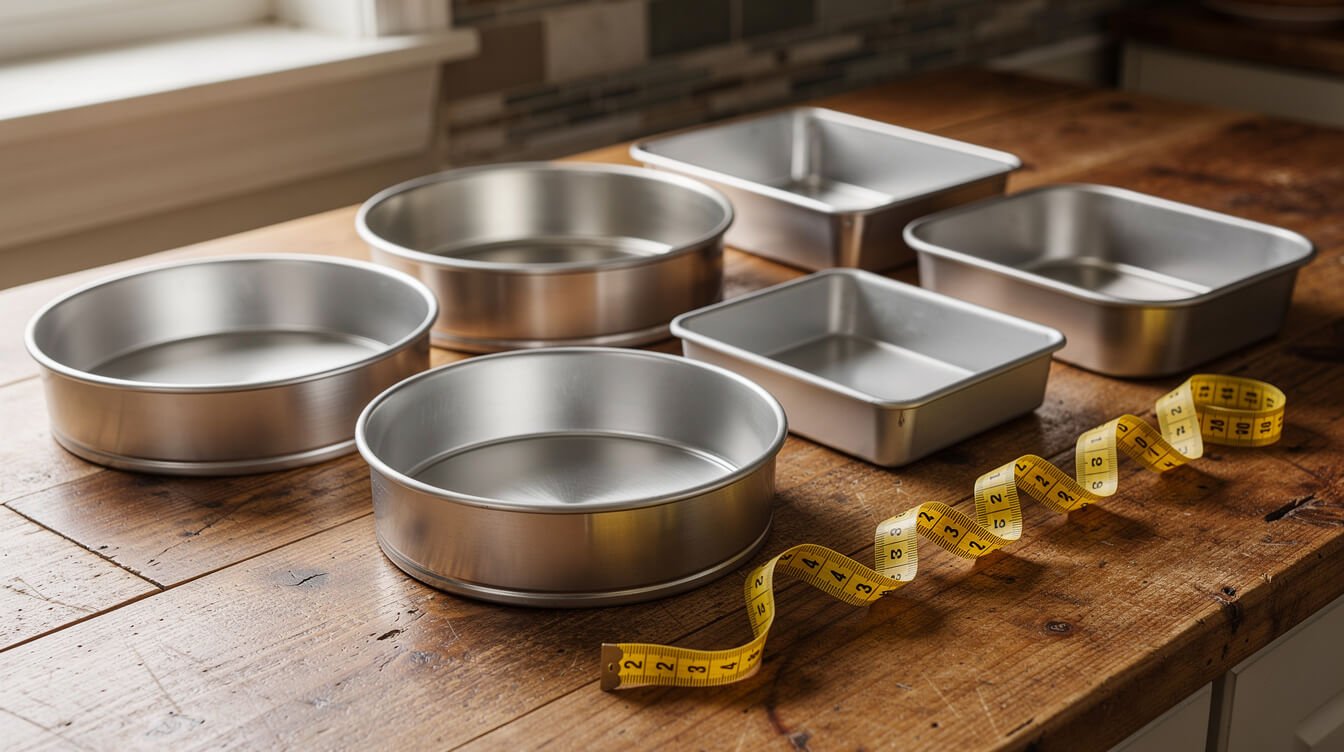 assortment of cake pans on a kitchen counter