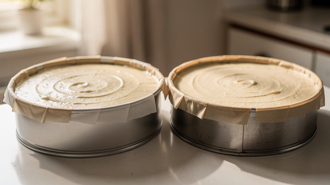 cake pans filled with batter ready for the oven