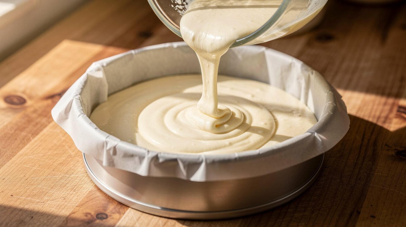 cake batter being poured into a lined pan
