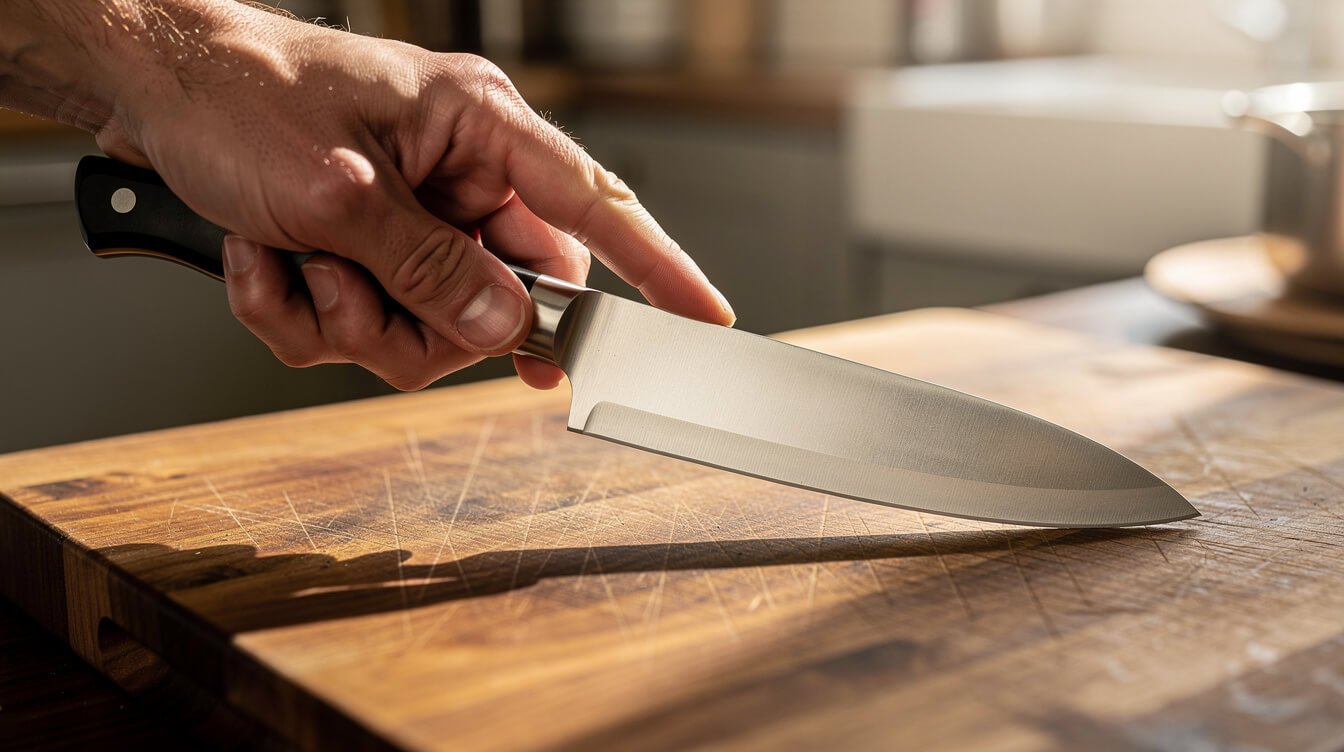 hand testing the balance of a chef knife over a cutting board