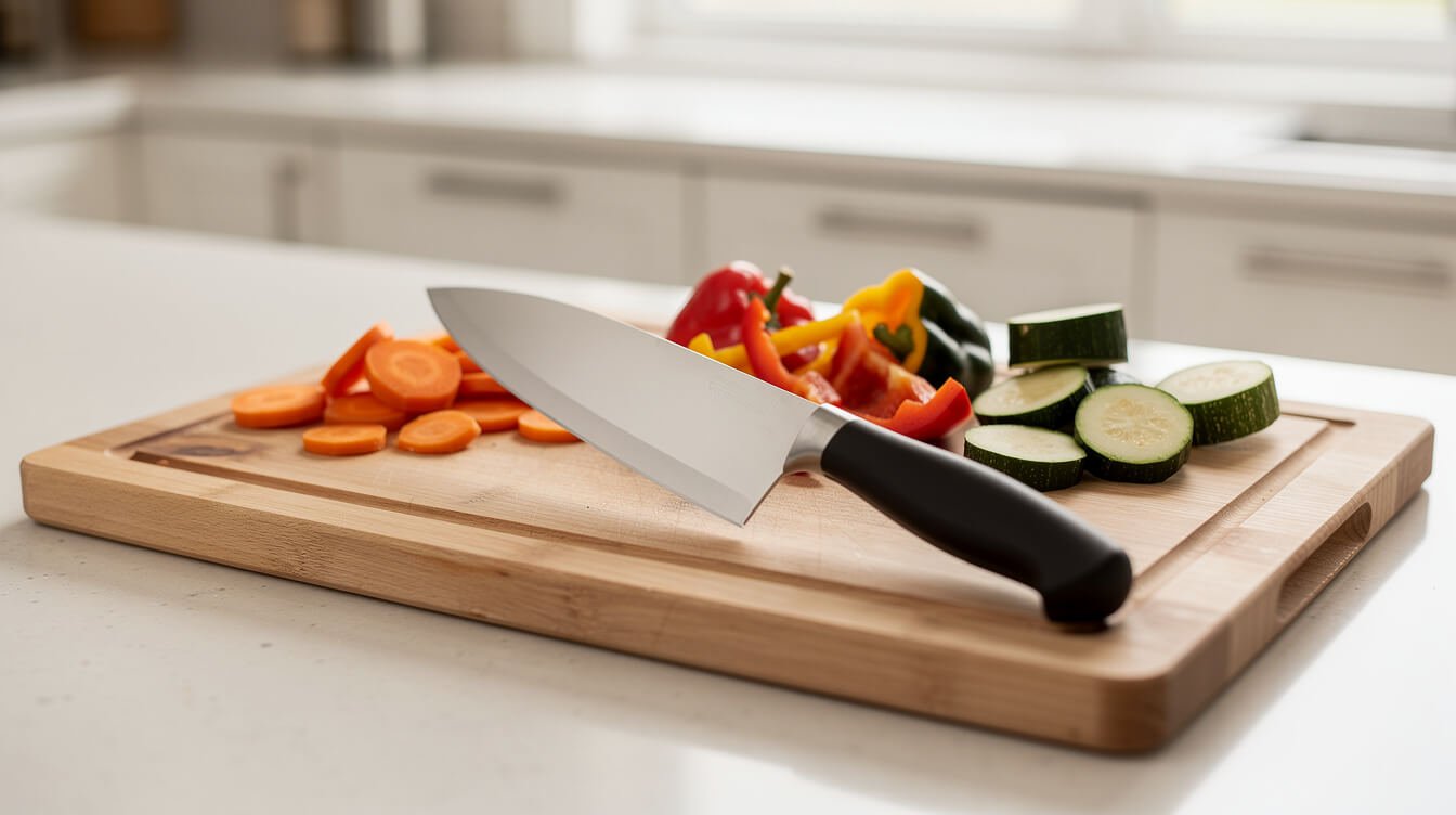 an affordable fibrox-handled chef knife next to sliced vegetables on a cutting board