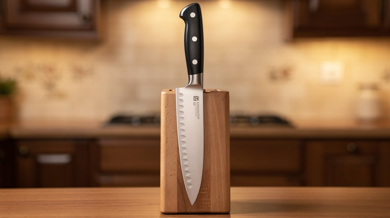 a forged German chef knife standing in a wooden knife block