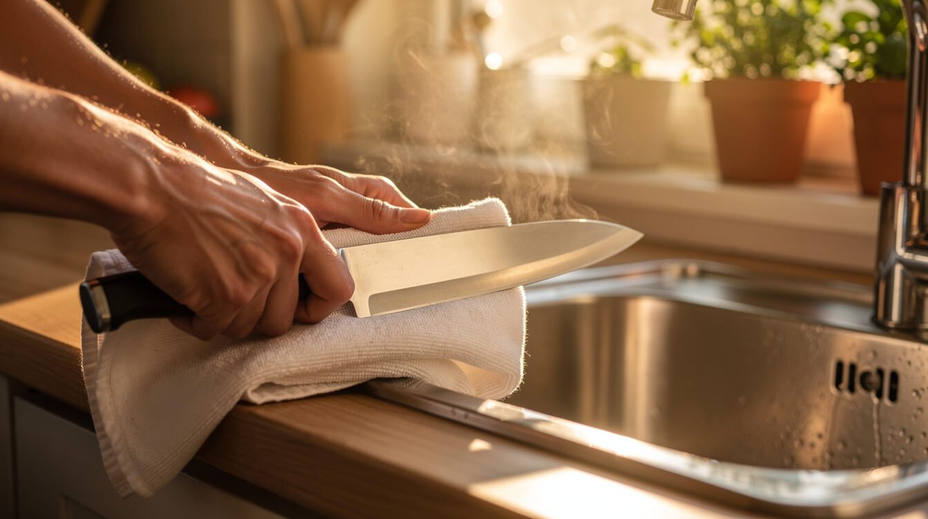 hands drying a clean kitchen knife with a towel next to the sink