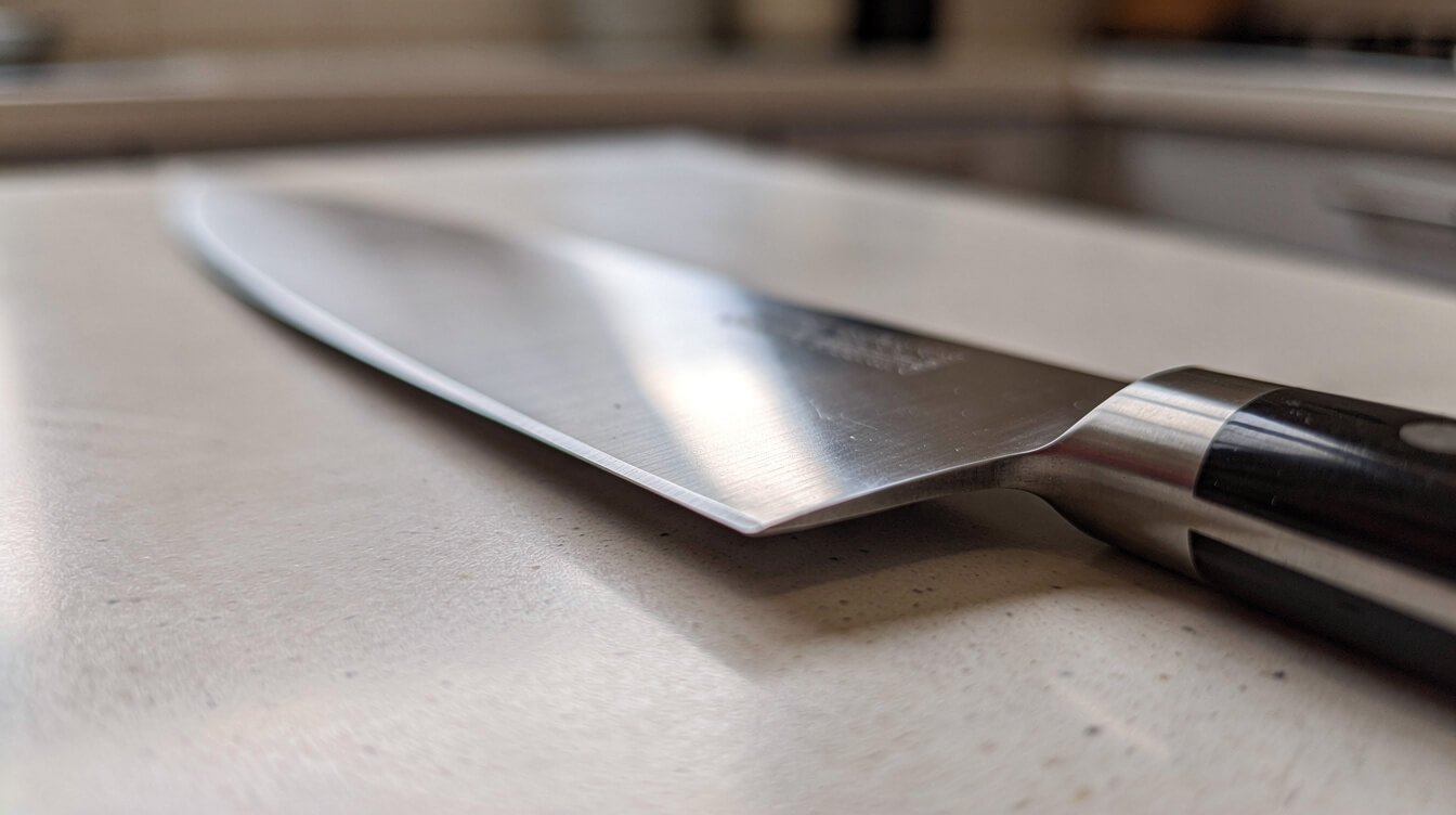 close-up of a chef knife blade and full tang extending into the handle