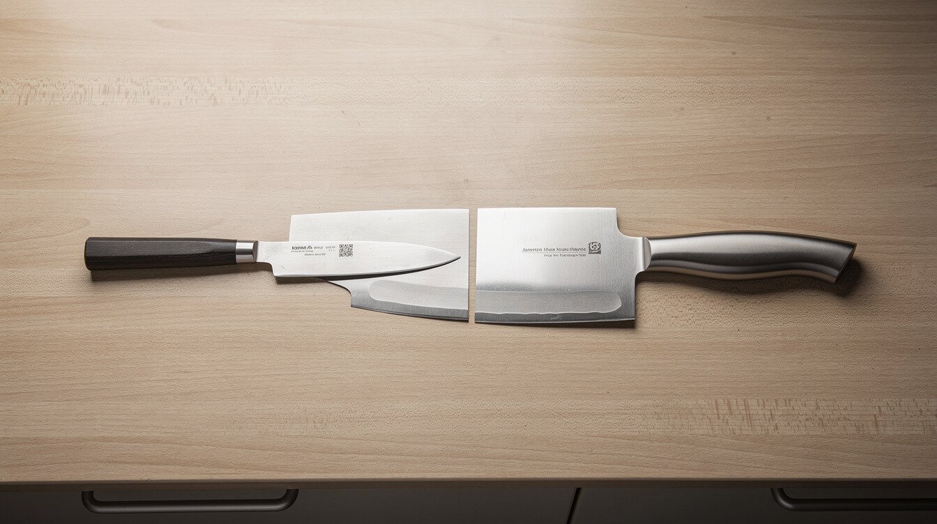a Japanese gyuto knife next to a German chef knife side by side
