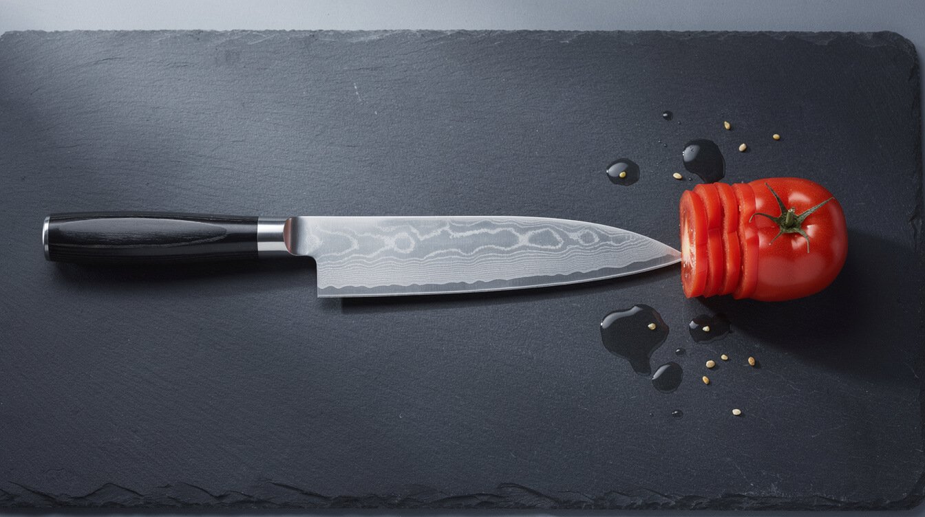 a lightweight Japanese Damascus-pattern knife on a dark surface next to sliced tomato