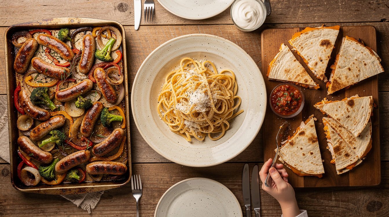 seven lazy family dinner recipes on a table