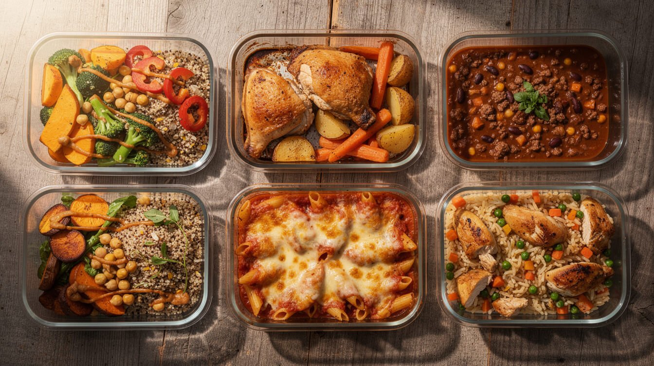 five home-cooked dinners portioned into glass containers on a wood table
