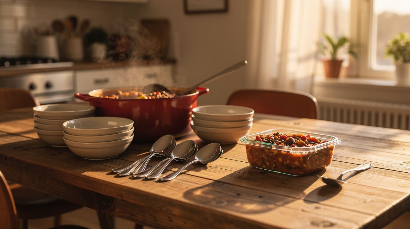 family dinner table with a shared pot of chili next to a single portioned container