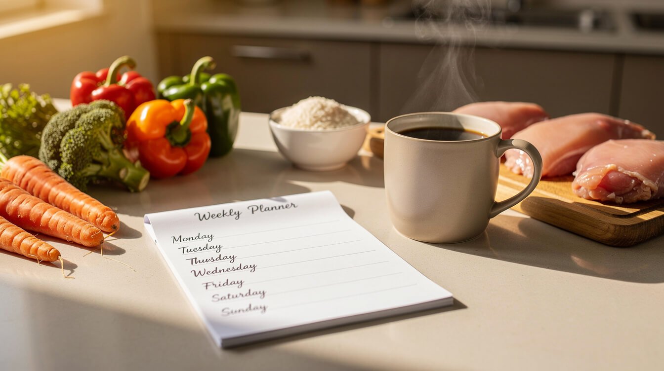 cozy kitchen counter with a weekly meal plan notepad and simple ingredients