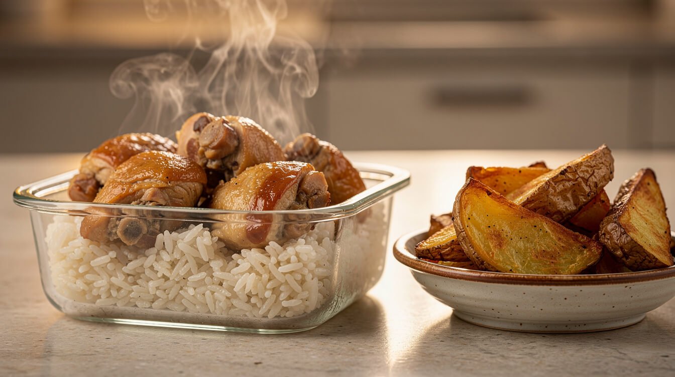 glass container of braised chicken and rice being reheated with steam rising