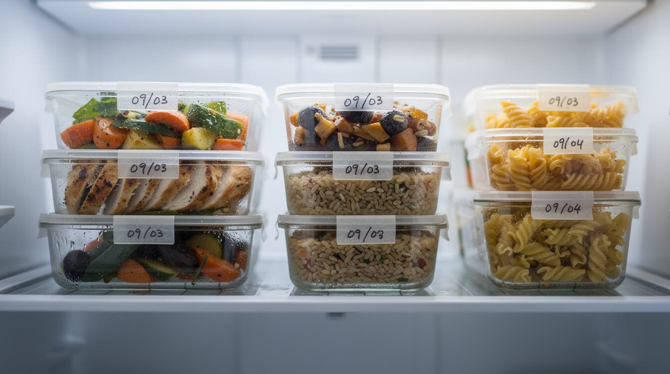 refrigerator shelf with neatly labeled glass meal-prep containers