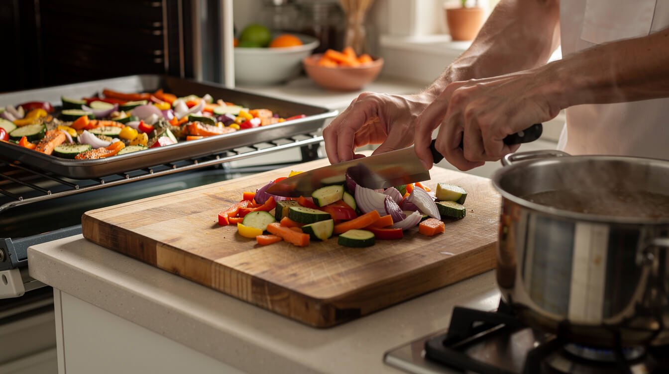 hands chopping vegetables next to a sheet pan and simmering pot during Sunday kitchen prep