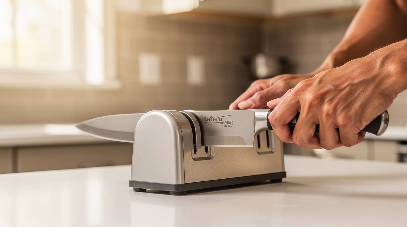 home cook sharpening a knife with an electric knife sharpener on a kitchen counter