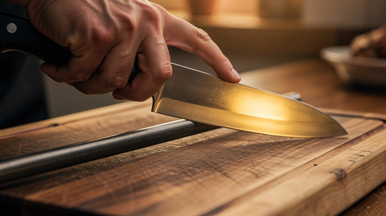 hand running a chef's knife along a honing steel over a cutting board