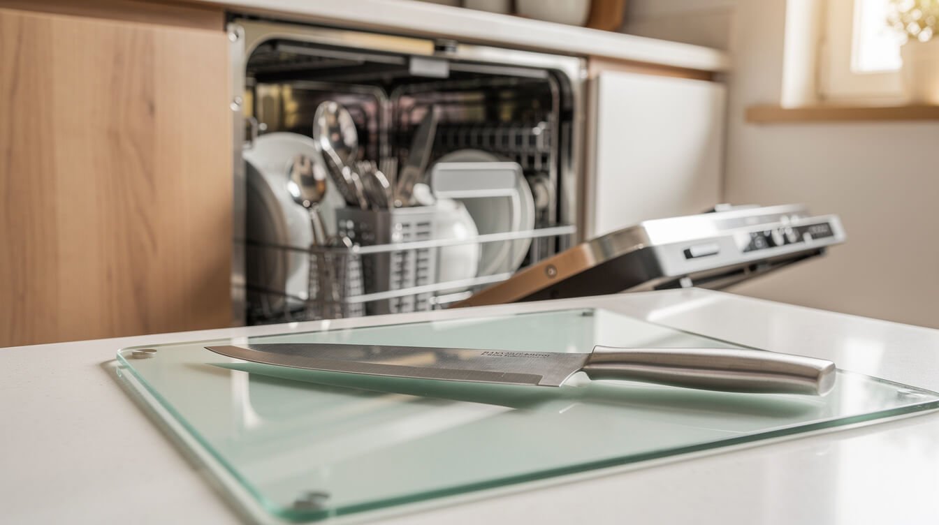 glass cutting board and a dishwasher, both shown as things to avoid for knife care