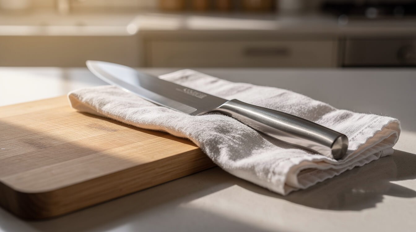 clean chef's knife drying on a towel next to a wooden cutting board
