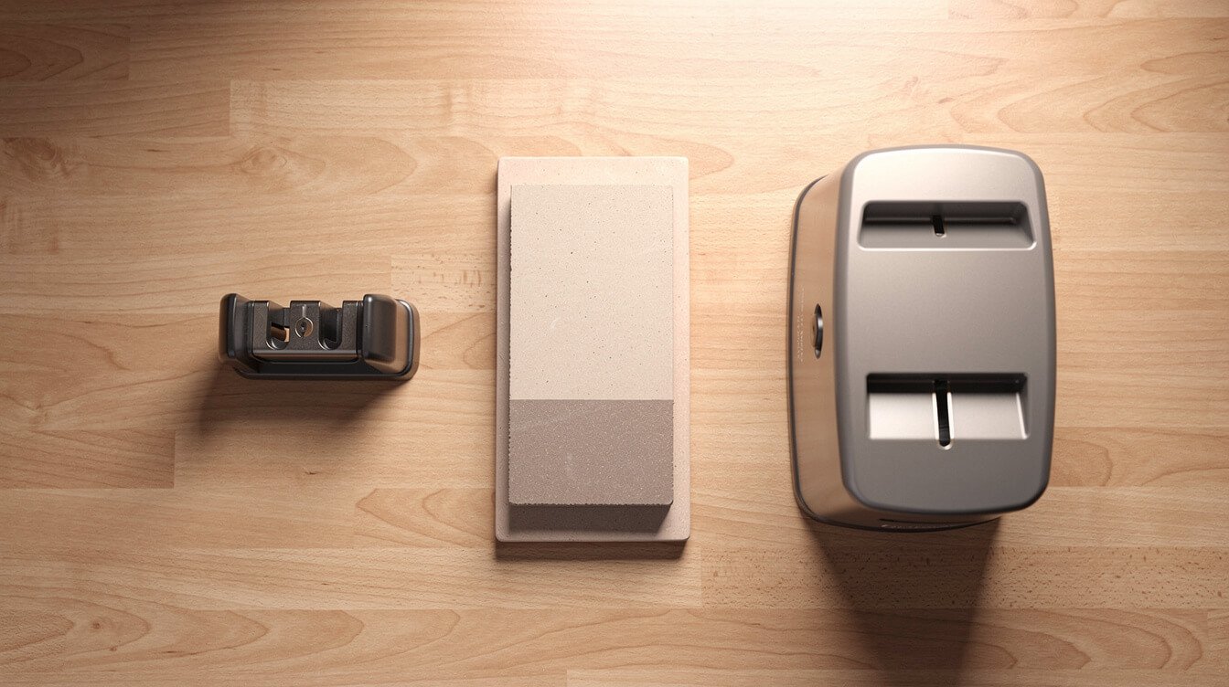three types of knife sharpeners: pull-through, whetstone, and electric, arranged on a kitchen counter