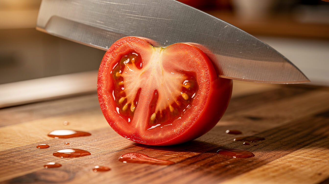 close-up of a sharp knife slicing cleanly through a ripe tomato