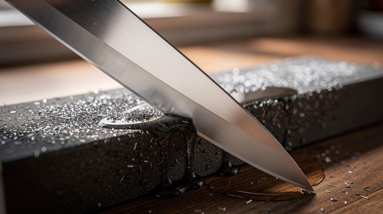 close-up of a chef's knife being sharpened at an angle on a whetstone