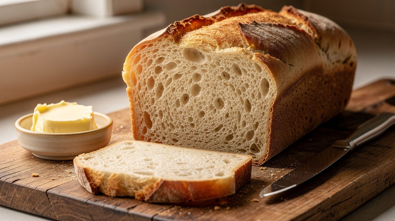 sliced simple no-yeast bread loaf showing a tight, tender crumb