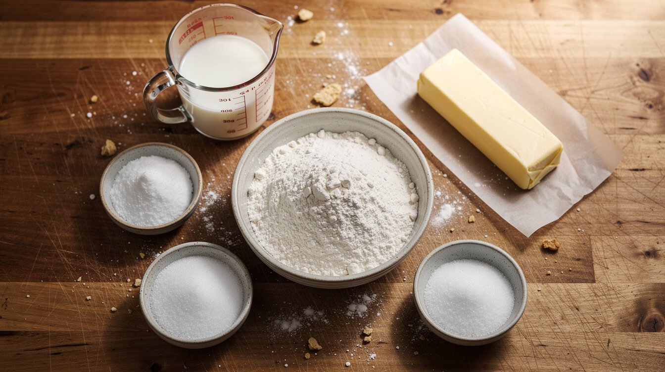 ingredients for a simple bread recipe no yeast laid out on a wooden counter