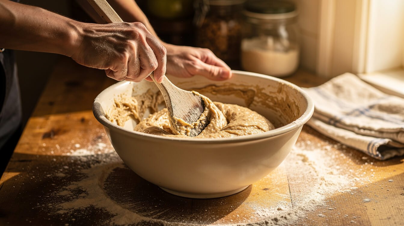 stirring simple bread batter in a mixing bowl