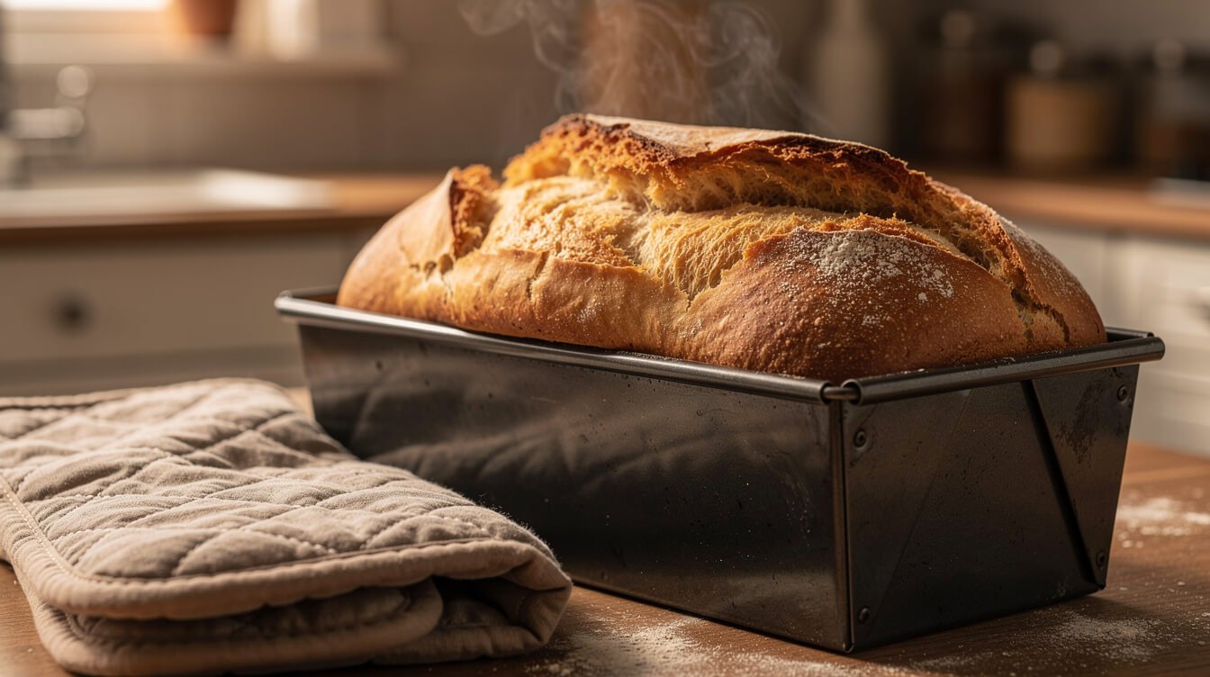 golden baked simple no-yeast bread loaf fresh out of the oven