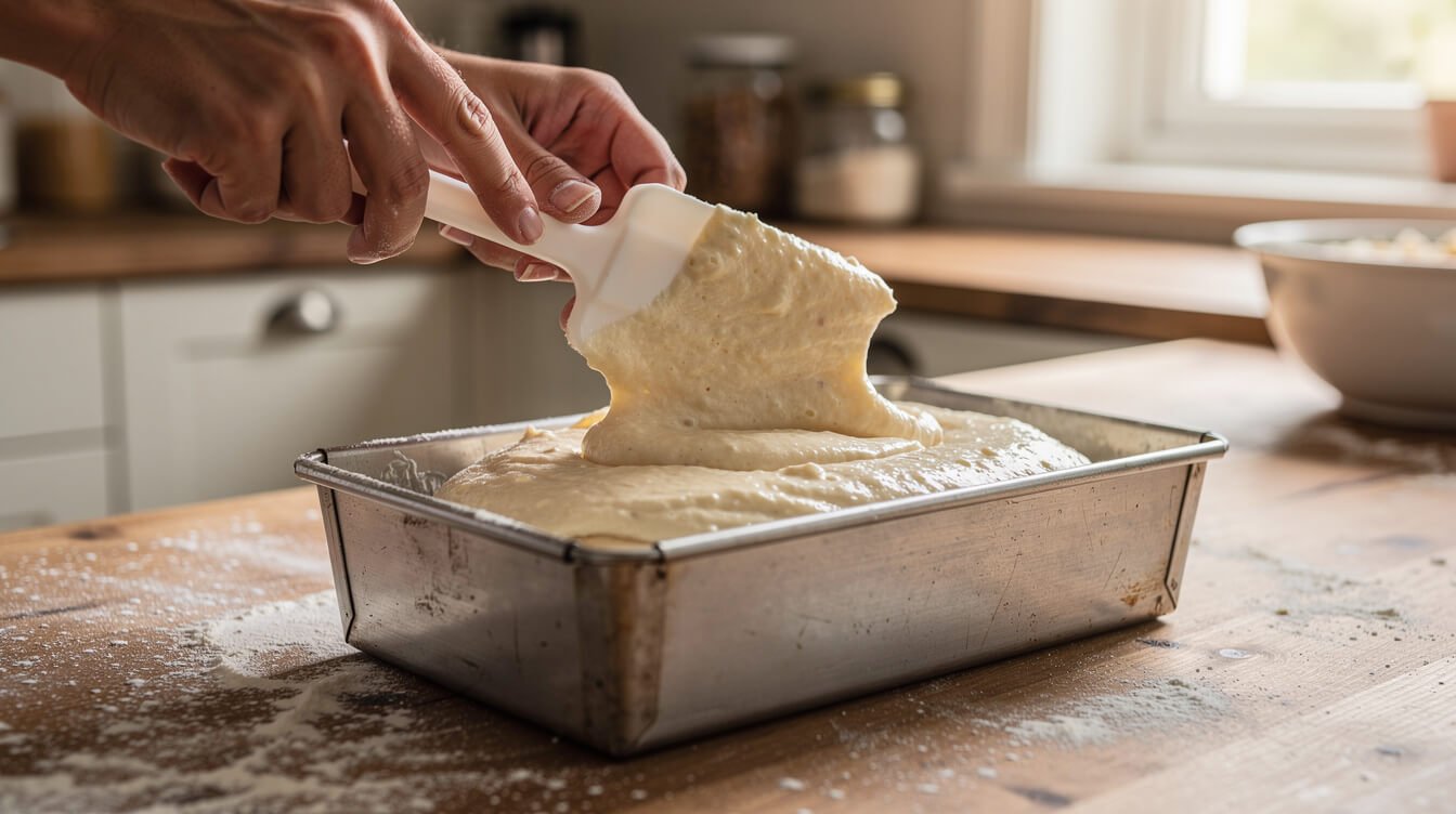 simple bread batter smoothed into a greased loaf pan