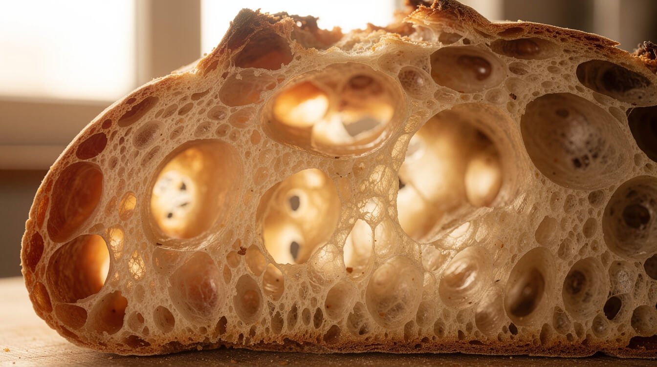 Close-up of an open irregular sourdough crumb with large holes