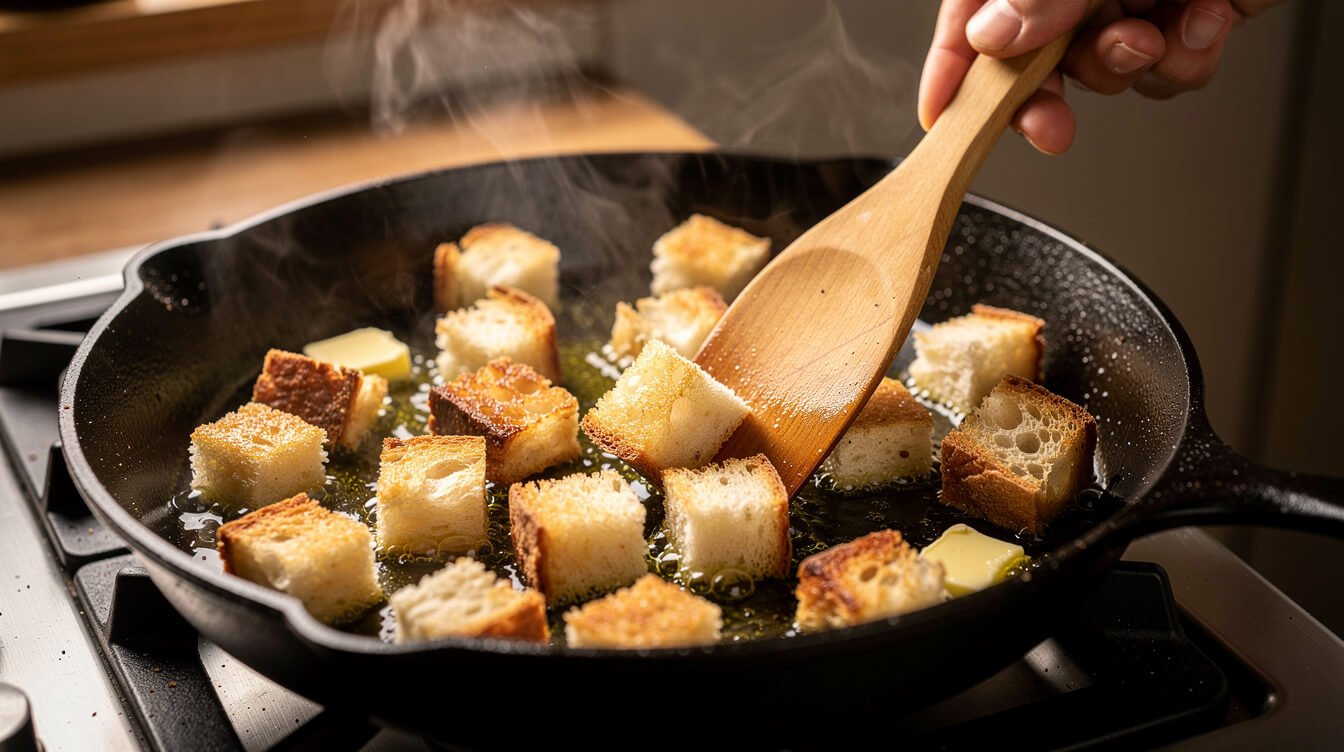 Sourdough croutons toasting in a cast iron skillet