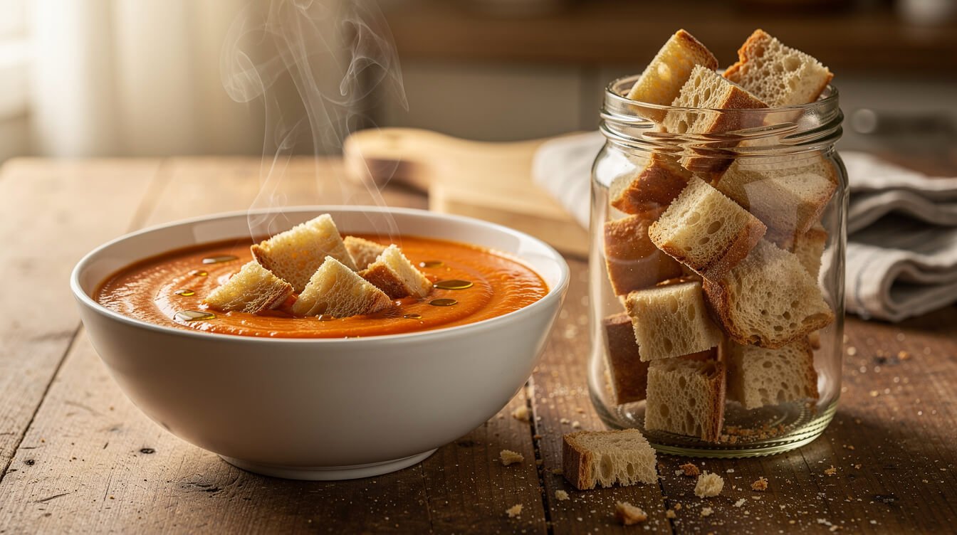 Sourdough croutons in a glass jar beside a bowl of tomato soup