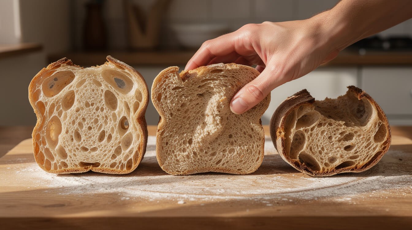 Three slices of sourdough bread at different stages of staleness on a wooden board