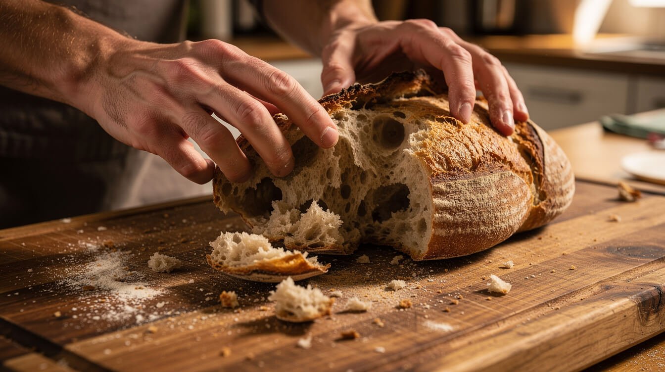 Hands tearing a hard heel of sourdough bread into rough chunks
