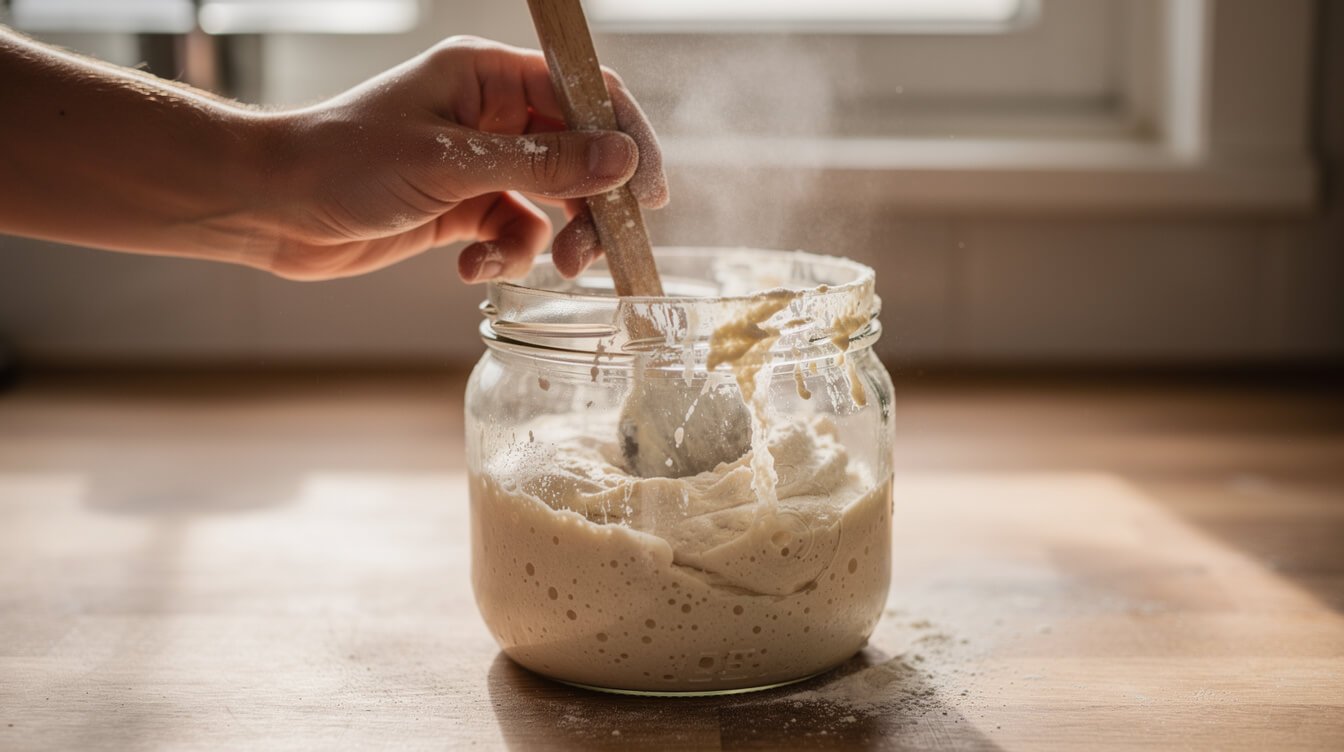 feeding a sourdough starter in a glass jar