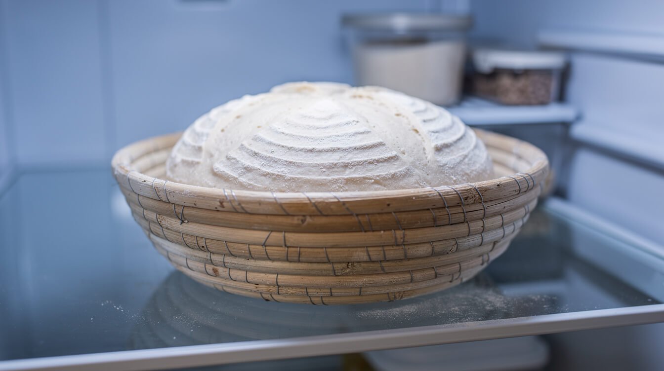 sourdough dough proofing in a banneton in the refrigerator