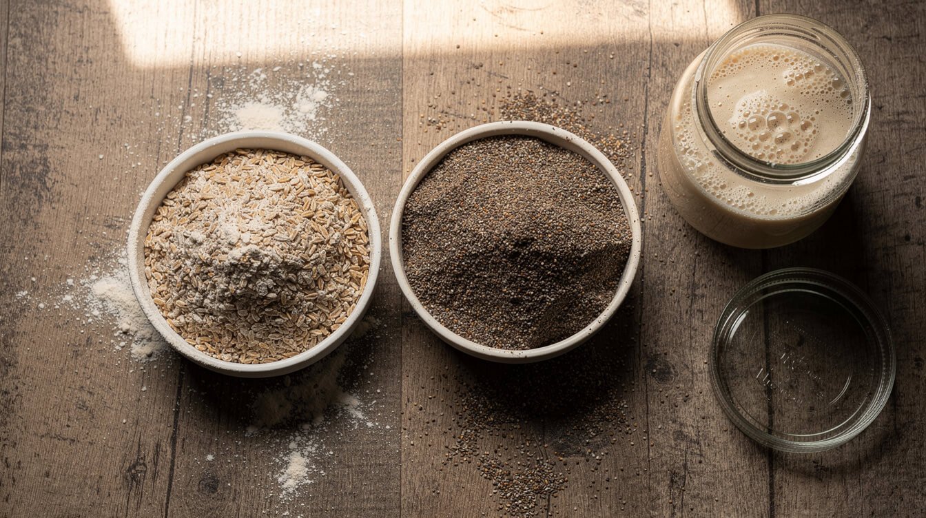 whole wheat and rye flour in bowls next to a sourdough starter