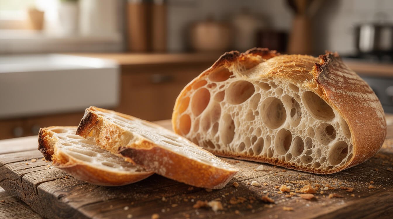 finished sour sourdough loaf sliced open showing an open crumb