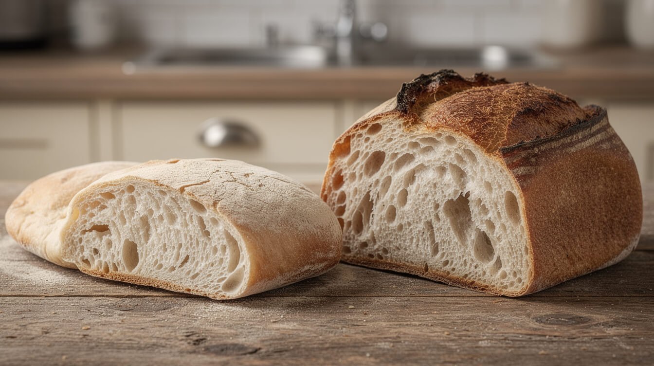 dense flat sourdough loaf next to a well-risen sourdough loaf for comparison