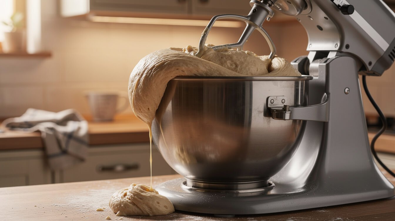 stand mixer with a too-small bowl overflowing with dough