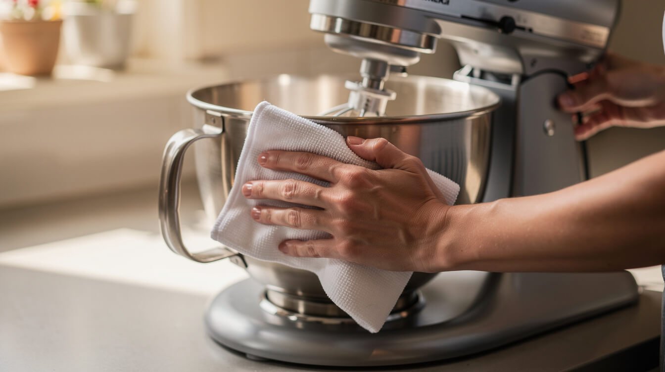 stand mixer being wiped clean on a kitchen counter
