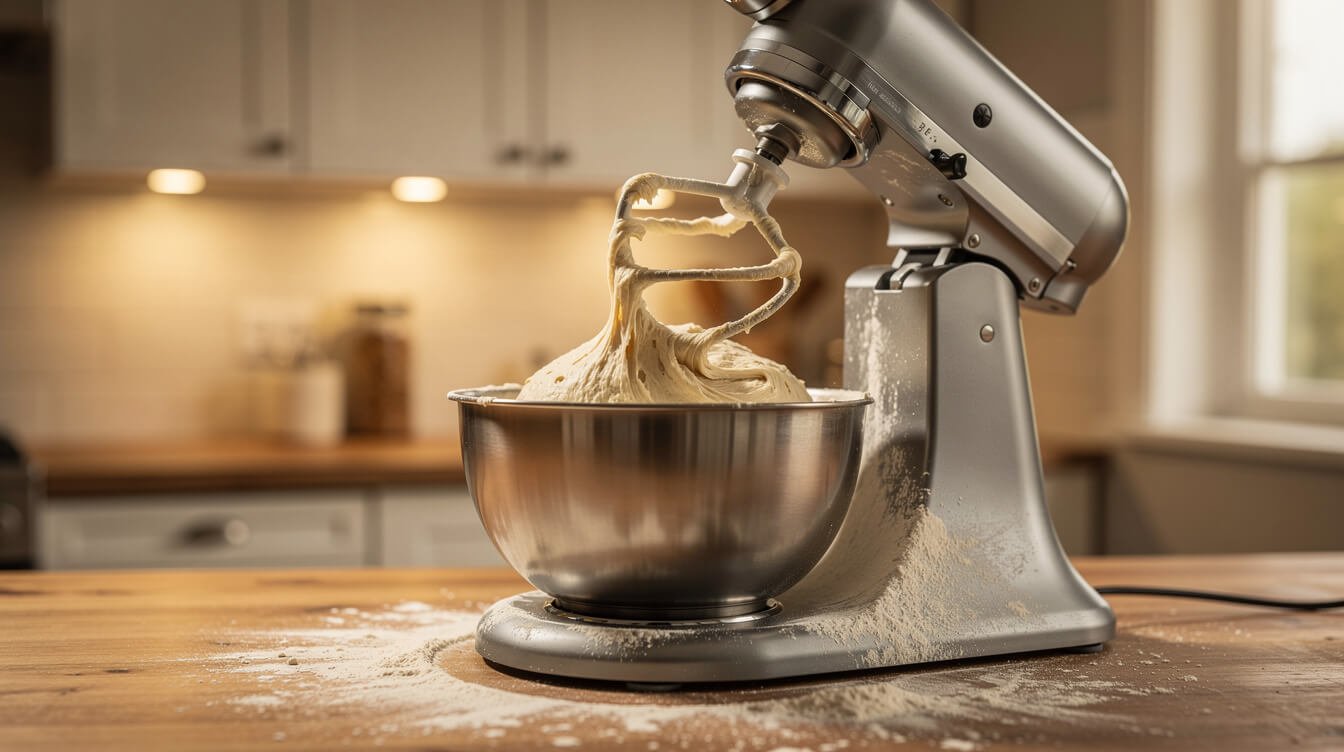 stand mixer kneading bread dough with dough hook attachment