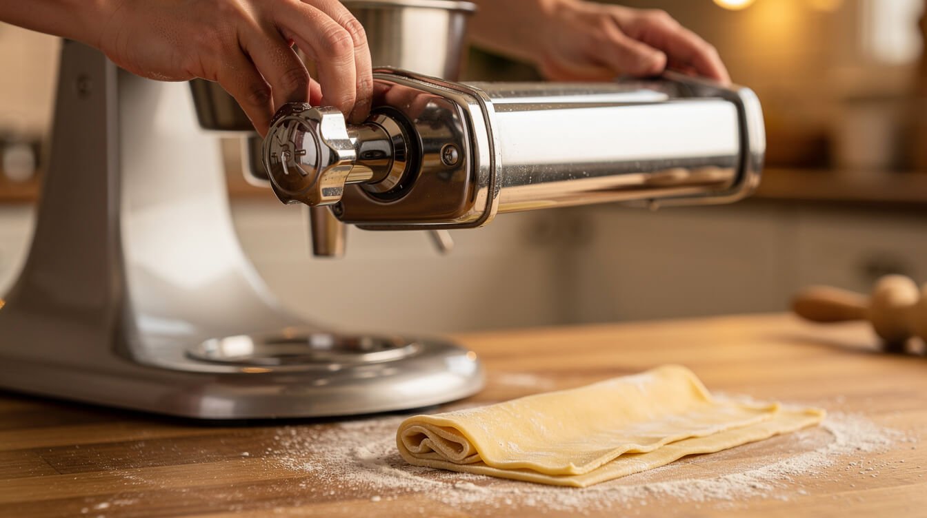 pasta roller attachment being fitted onto a stand mixer