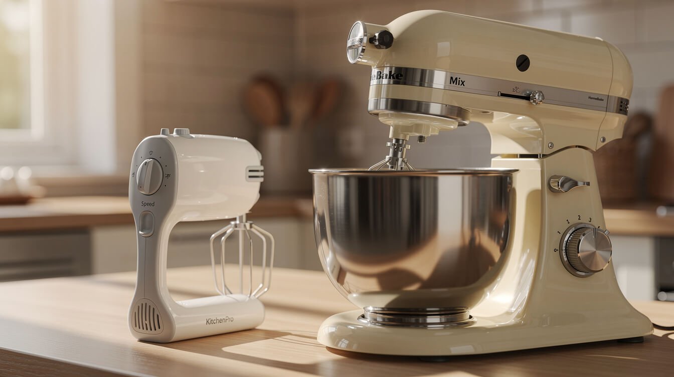 hand mixer and stand mixer side by side on a kitchen counter